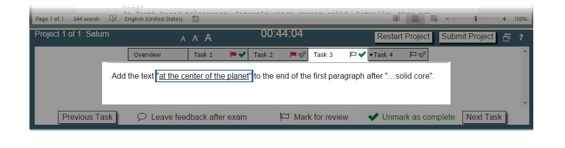 Image showing example of underlined task text inside quotation marks.